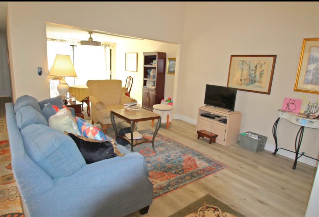 A living room features a blue sofa, an area rug, and a television on a stand — 12217 SADDLE STRAP ROW, HUDSON, FL