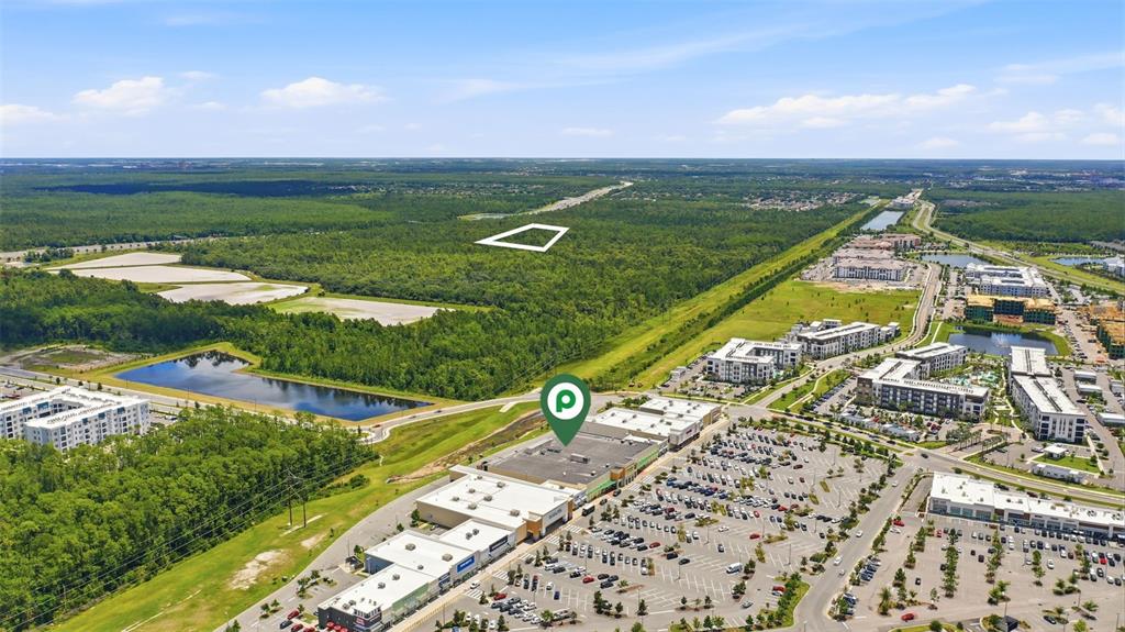 This aerial view shows a shopping center with a parking lot and surrounding undeveloped land — S APOPKA VINELAND ROAD, ORLANDO, FL