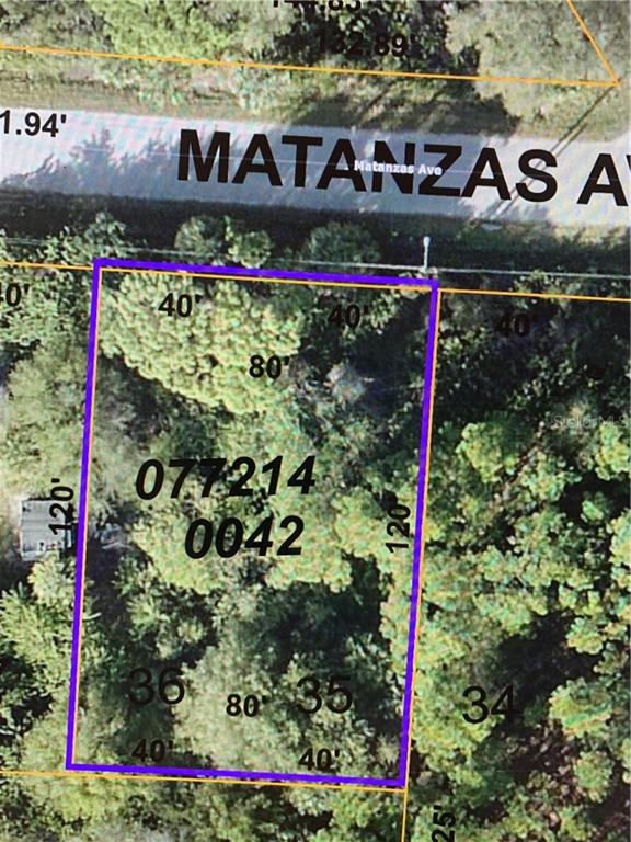 This is an aerial map showing a rectangular plot of land with dimensions — 11150 MATANZAS LOTS 35 & 36 AVENUE, NORTH PORT, FL