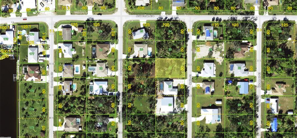 This is an aerial map showing residential lots and houses along several streets — 4323 MELIS STREET, PORT CHARLOTTE, FL