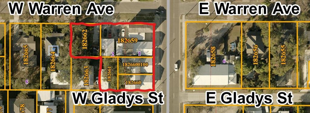 This is a satellite map view showing property lot lines and parcel numbers — 2806 N TAMPA STREET, TAMPA, FL