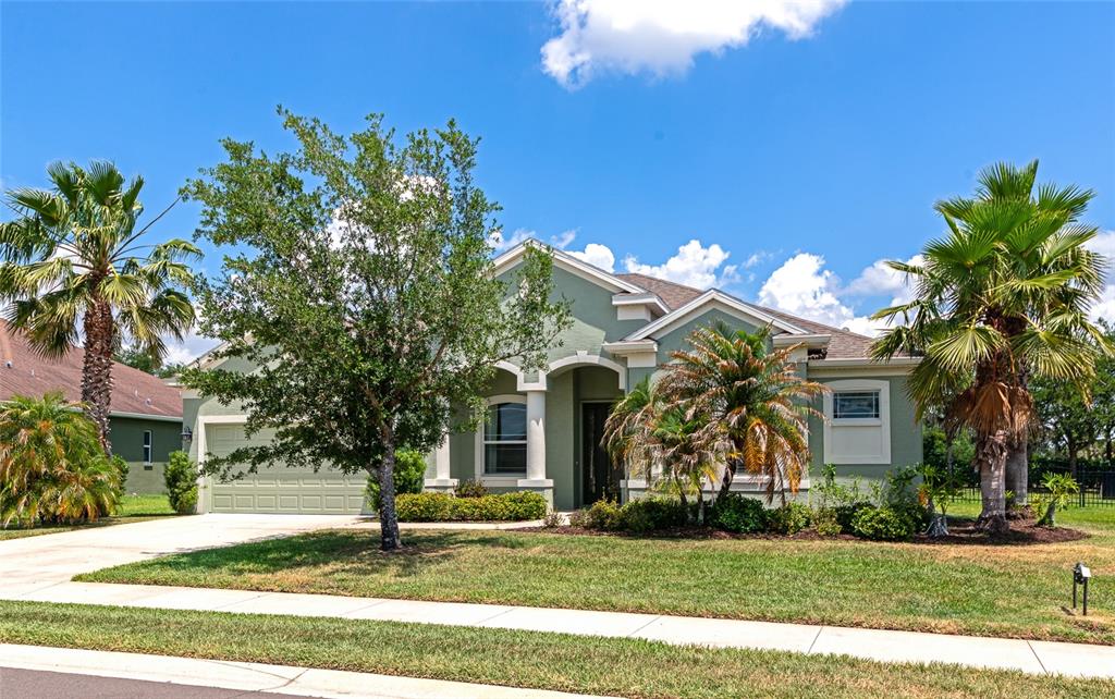 A single-story house with a green exterior, a two-car garage, and palm trees — 13412 22ND COURT E, PARRISH, FL