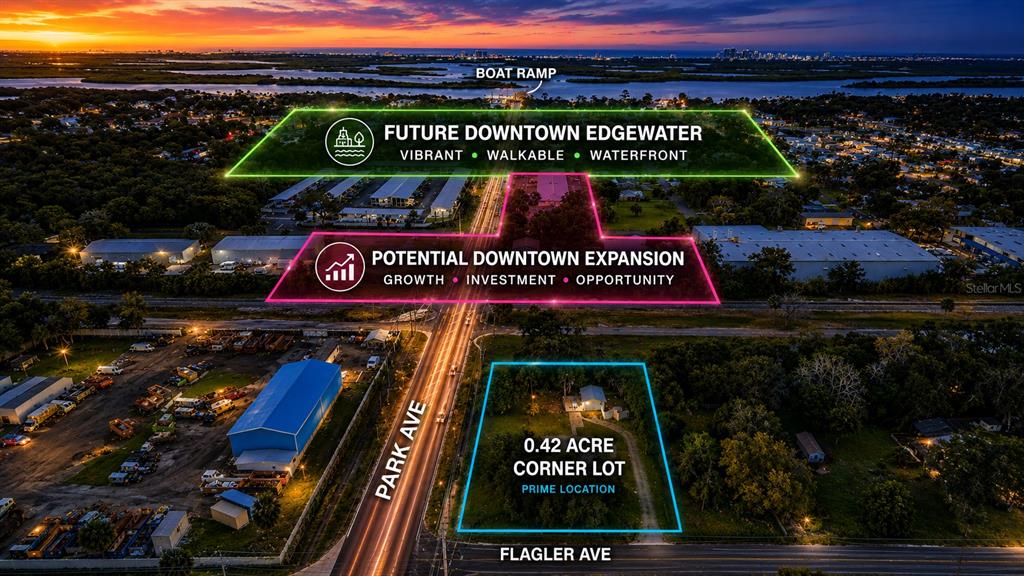 An aerial view shows three highlighted land parcels along a road at sunset — 103 S FLAGLER AVENUE, EDGEWATER, FL