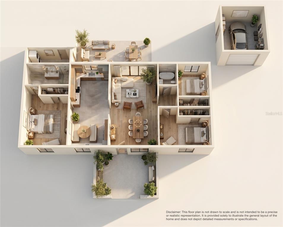 This 3D floor plan rendering shows a three-bedroom house with a detached garage and patio — 103 S FLAGLER AVENUE, EDGEWATER, FL