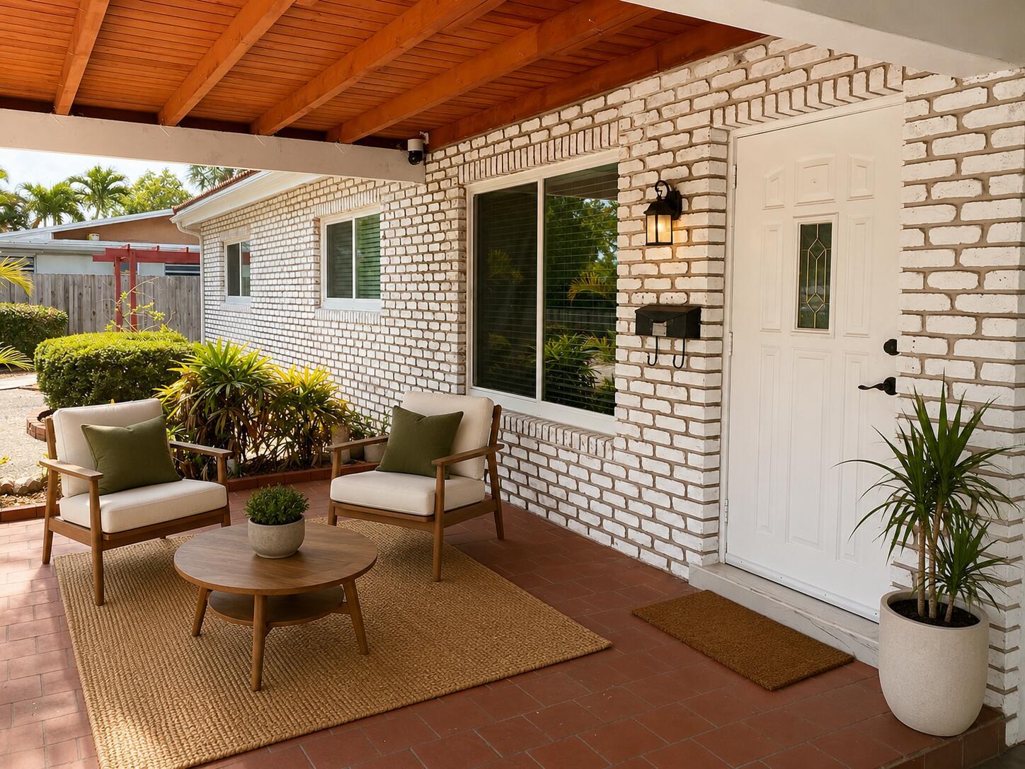 A covered patio features a white brick exterior, two wooden chairs, and a round coffee table — 1181 SW 4th Terrace, Pompano Beach FL 33060, POMPANO BEACH, FL