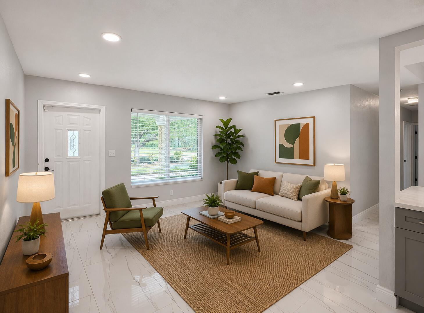 A living room features white tile floors, a neutral sofa, a green armchair, and wood furniture — 1181 SW 4th Terrace, Pompano Beach FL 33060, POMPANO BEACH, FL