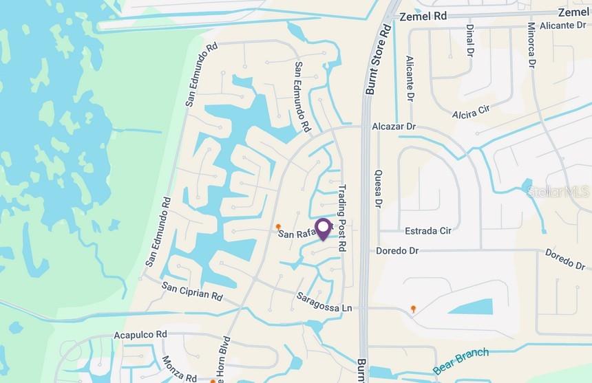 This is a map showing a residential neighborhood with streets and a marked location — 24473 MANIZALES COURT, PUNTA GORDA, FL