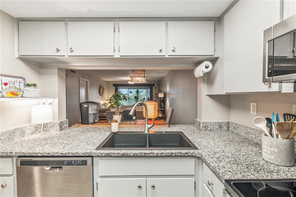 A kitchen features gray cabinets, granite countertops, a double sink, and a pass-through window — 90 S HIGHLAND AVENUE UNIT 402, TARPON SPRINGS, FL