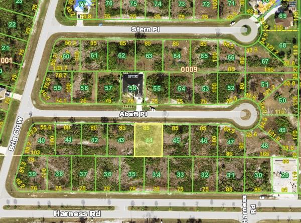 This is an aerial map showing a residential subdivision with numbered vacant lots — 9 ABAFT PLACE, PLACIDA, FL