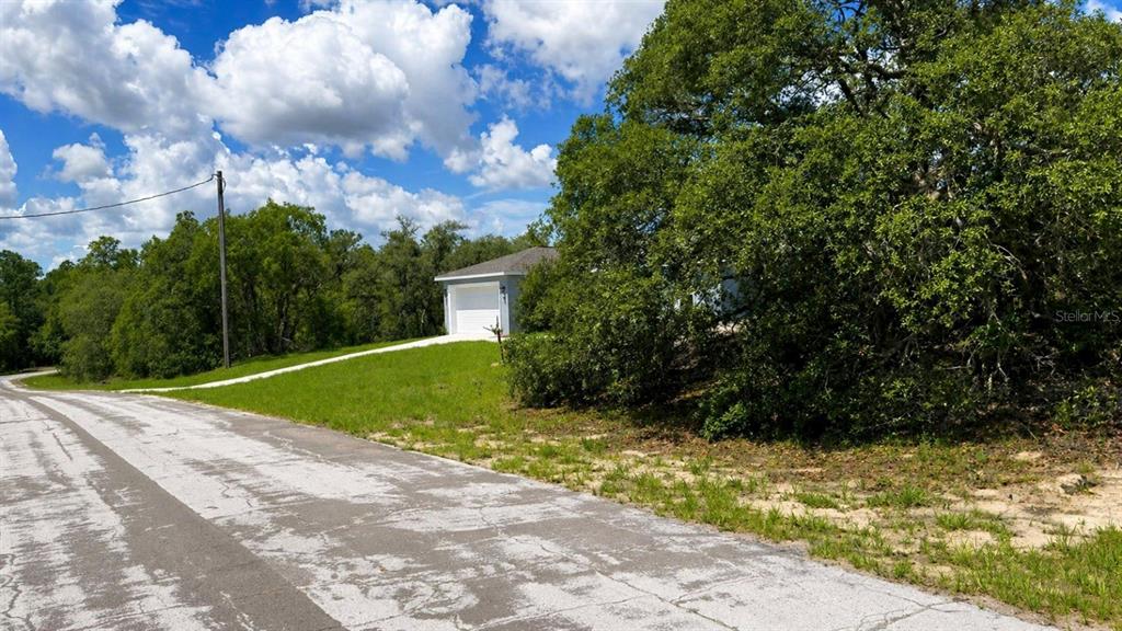 A paved road leads toward a house with a white garage surrounded by large trees — 3065 W MARIE DRIVE, CITRUS SPRINGS, FL