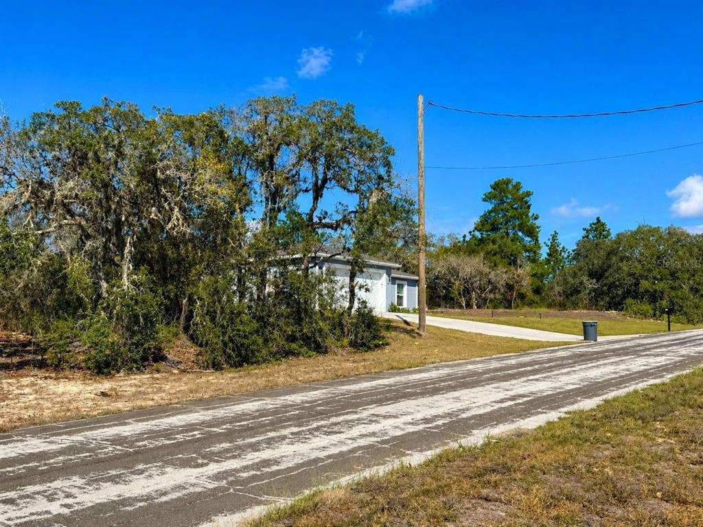 A single-story house sits behind trees next to a paved road under a blue sky — 3065 W MARIE DRIVE, CITRUS SPRINGS, FL