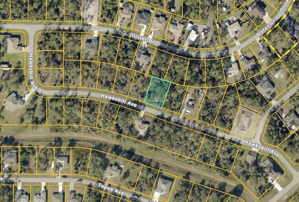 This is an aerial map showing a vacant residential lot highlighted in light blue — HAWKSBILL AVENUE, NORTH PORT, FL