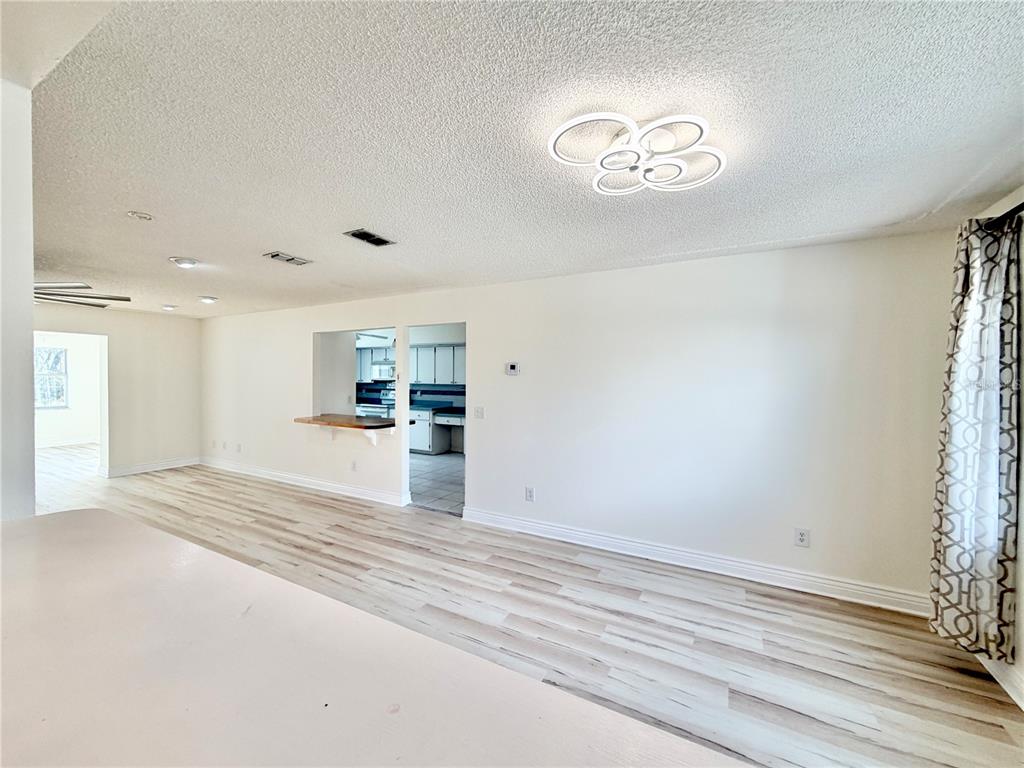A living room with light wood-look flooring, white walls, and a modern circular ceiling light — 17469 SW 35TH AVENUE ROAD, OCALA, FL