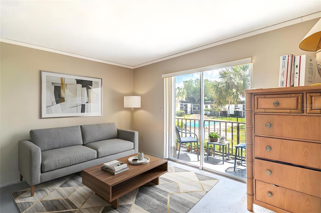 A living room features a gray sofa, wooden coffee table, and sliding doors to a balcony — 709 RUSSELL LANE UNIT 222, BRANDON, FL