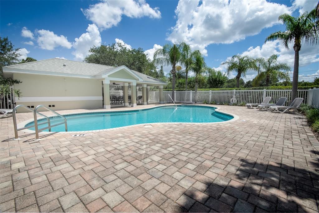 A swimming pool with a paved deck, lounge chairs, and a covered patio area outside — 403 HARBOR RIDGE DRIVE, PALM HARBOR, FL