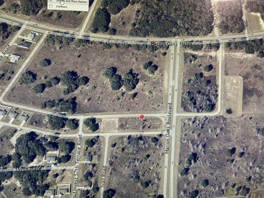 An aerial map view shows a vacant corner lot marked with a red pin — 0 SW 154TH LN ROAD, OCALA, FL