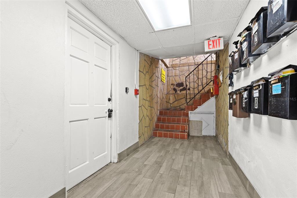 A hallway features a white door, a set of stairs, and wall-mounted mailboxes — 8923 N 40TH STREET, TAMPA, FL