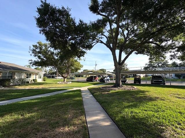 A sidewalk leads through a grassy courtyard toward apartment buildings and covered parking structures — 1902 DANDRIDGE STREET UNIT 12, SUN CITY CENTER, FL