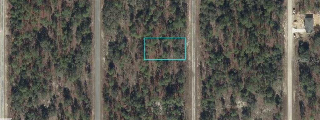 An aerial view shows a rectangular plot of land outlined in blue amidst wooded terrain — 06877-028-00 SE 135TH COURT, DUNNELLON, FL