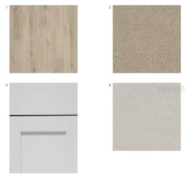 This image shows a collage of four interior finish samples including flooring, carpet, and cabinetry — 10656 ORBIT TERRACE, SARASOTA, FL