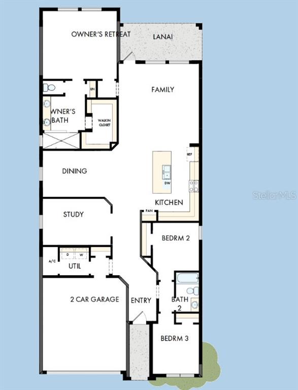 This floor plan shows a three-bedroom home with a two-car garage, kitchen, and lanai — 634 KINGSWOOD COURT, BRADENTON, FL
