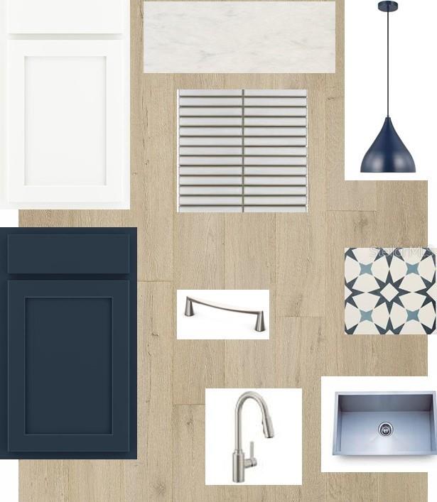 This is a design mood board featuring kitchen cabinetry, flooring, hardware, lighting, and tile samples — 634 KINGSWOOD COURT, BRADENTON, FL