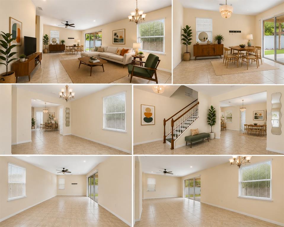 A collage showing various angles of a living room, dining area, and staircase with tile floors — 6105 MERRIFIELD DRIVE, ZEPHYRHILLS, FL