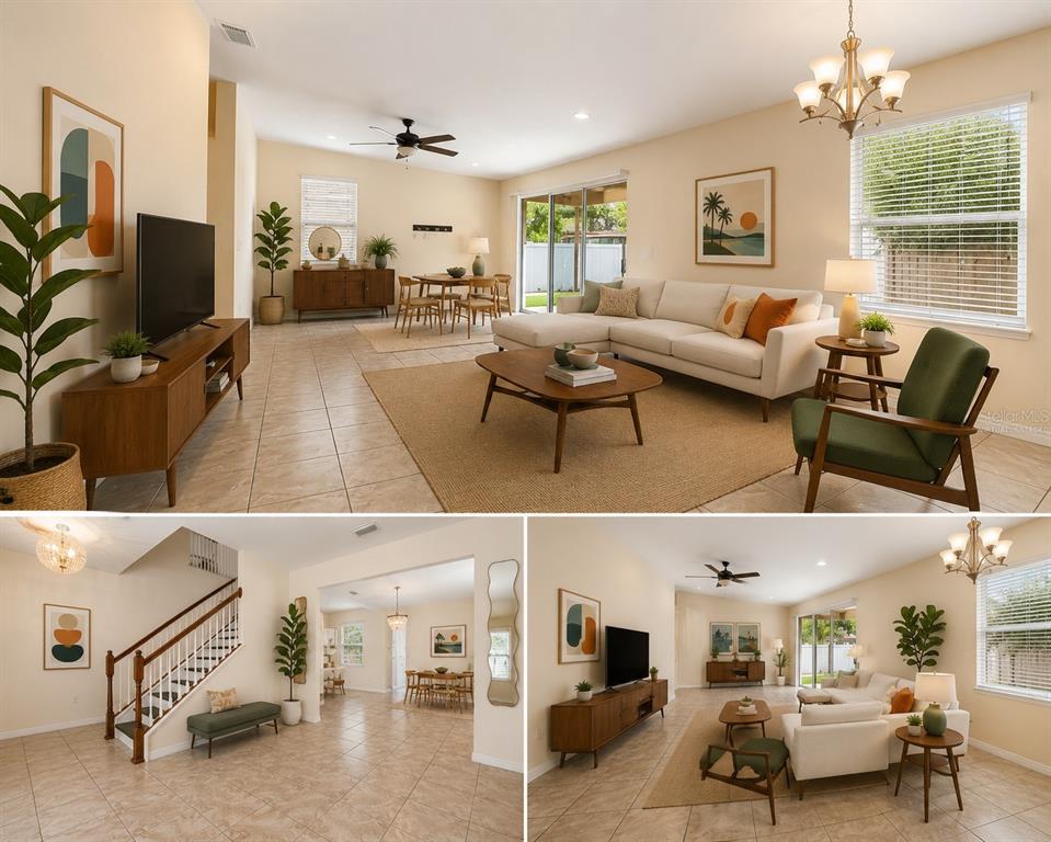 This composite image shows a living room and dining area with tile floors and stairs — 6105 MERRIFIELD DRIVE, ZEPHYRHILLS, FL