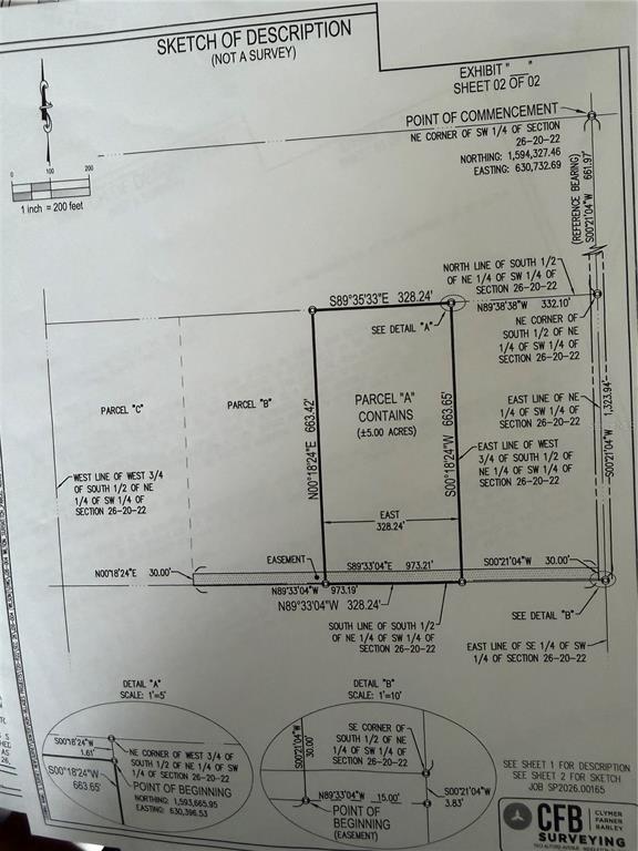 This is a land survey sketch showing the legal description and dimensions of Parcel A — PARCEL "A" CR 543, SUMTERVILLE, FL