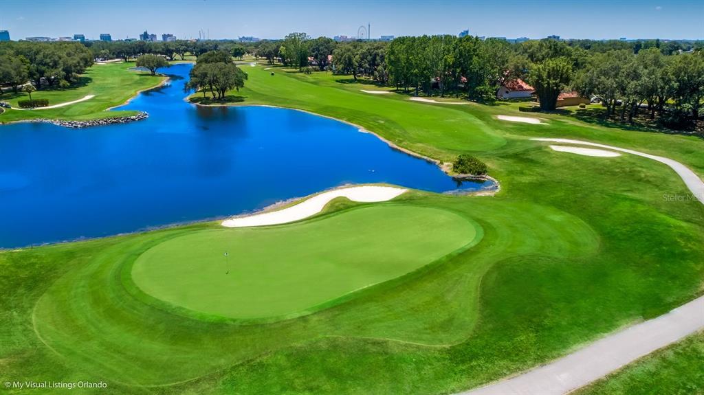 An aerial view of a golf course green situated next to a large pond — 6349 PARSON BROWN DRIVE, ORLANDO, FL