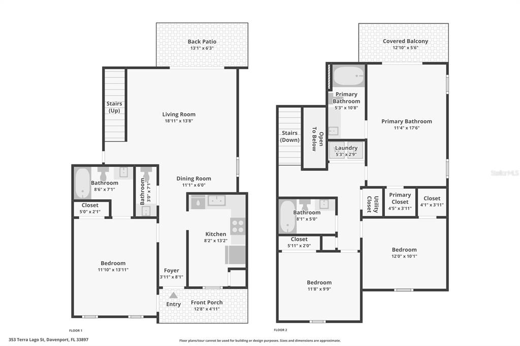 This is a two-story floor plan showing the layout of a residential home — 353 TERRA LAGO STREET, DAVENPORT, FL