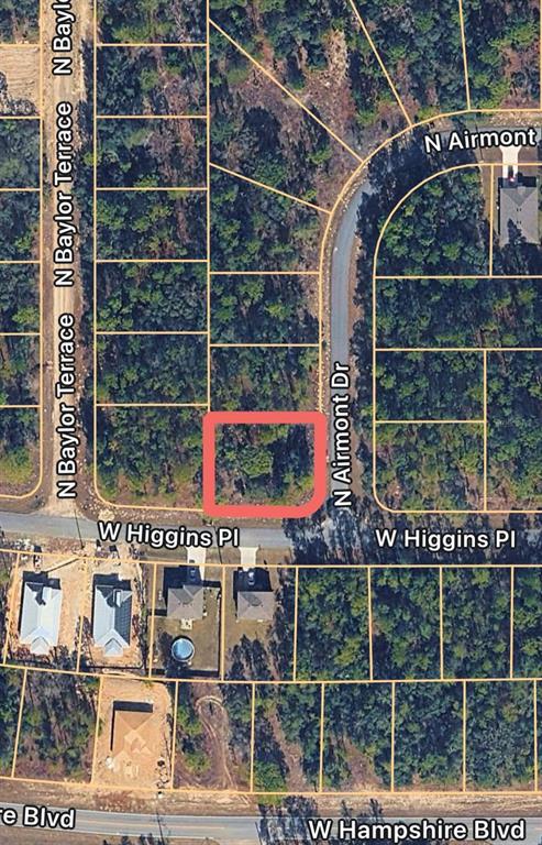 This is an aerial map view of a vacant, wooded residential lot — 6420 N AIRMONT DRIVE, DUNNELLON, FL