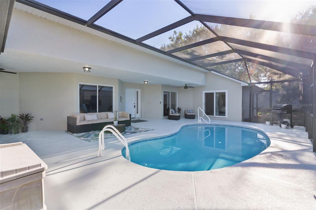 A screened-in patio features a swimming pool, outdoor seating, and a grill area — 17824 SE 113TH TERRACE, SUMMERFIELD, FL