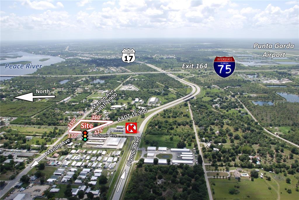 This aerial map shows a commercial development site near the intersection of two highways — 25229 MARION AVENUE, PUNTA GORDA, FL
