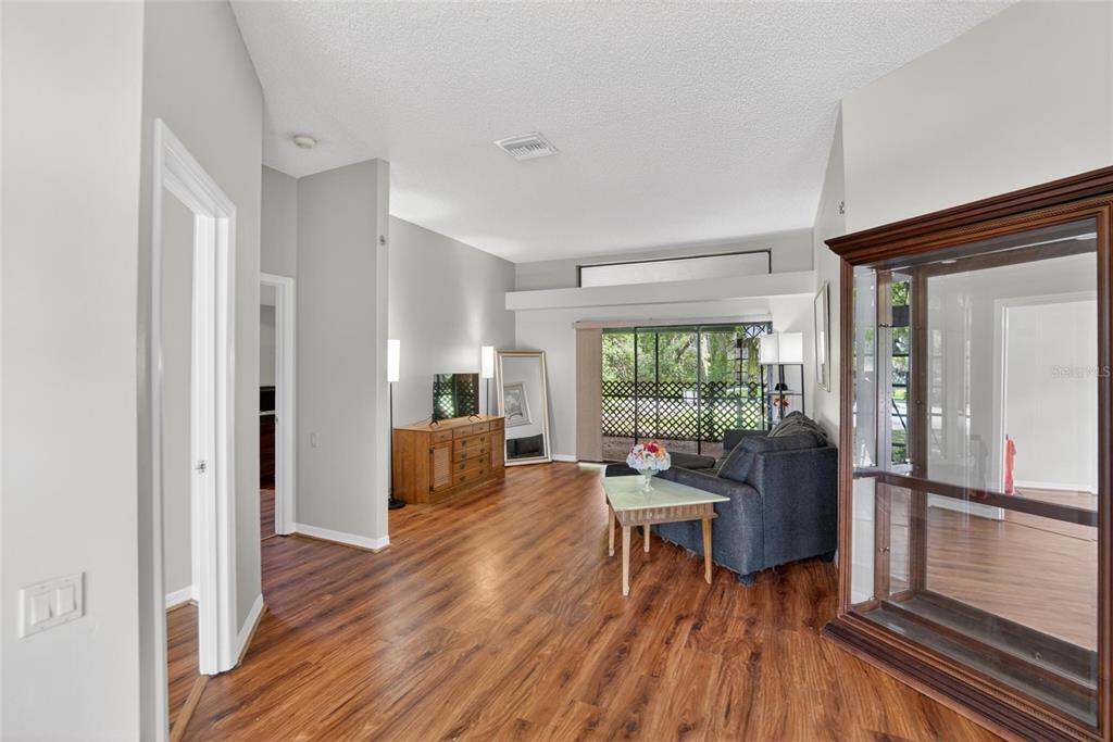 A living room with wood-look flooring, a gray sofa, and a glass-enclosed display cabinet — 2904 PINE CLUB DRIVE, PLANT CITY, FL