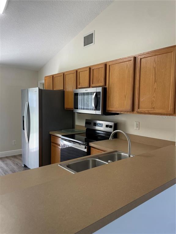 A kitchen features wood cabinets, stainless steel appliances, and a double-basin sink in the countertop — 17542 DORIS STREET, MONTVERDE, FL