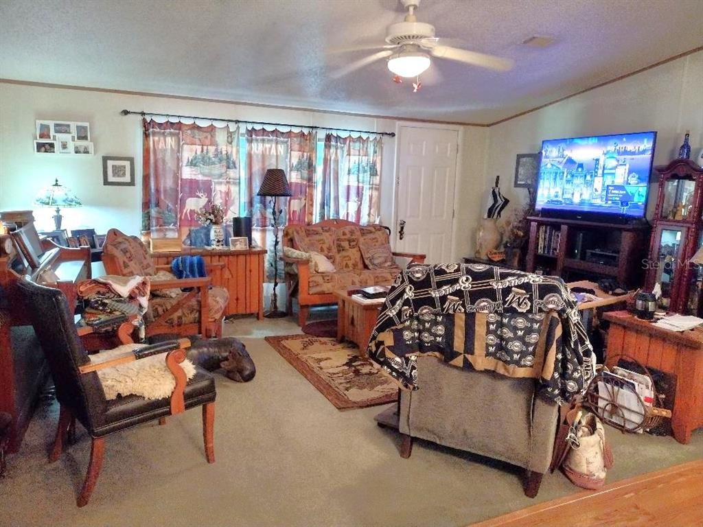 A living room features a ceiling fan, patterned curtains, a television, and various seating options — 1176 COUNTY ROAD 305, BUNNELL, FL