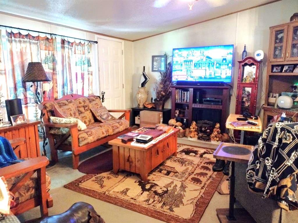 A living room features a patterned sofa, a wooden coffee table, and a television console — 1176 COUNTY ROAD 305, BUNNELL, FL