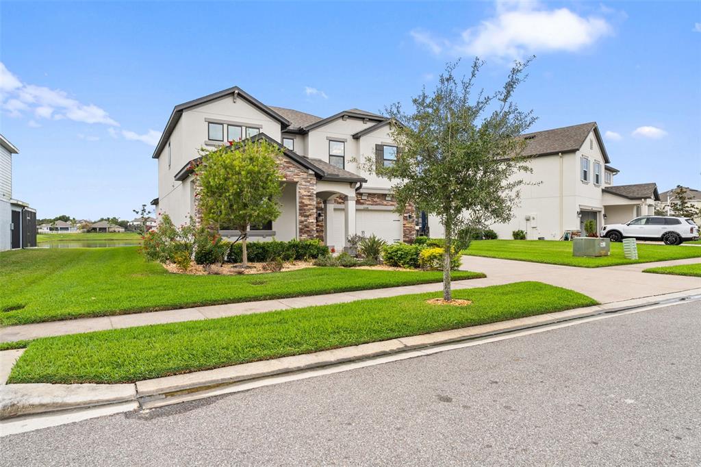 A two-story suburban house with a stone facade, attached garage, and a manicured front lawn — 31046 PARROT REEF COURT, WESLEY CHAPEL, FL