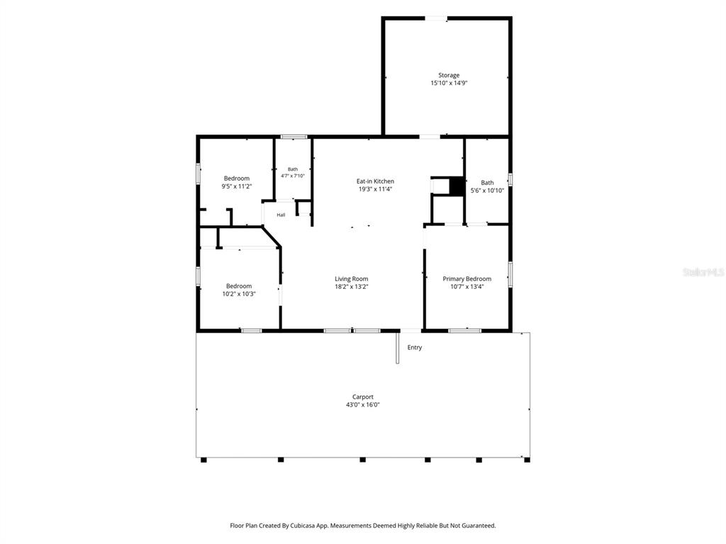 This is a floor plan showing a house with three bedrooms, two bathrooms, and a carport — 3909 S CEDAR TERRACE, HOMOSASSA, FL