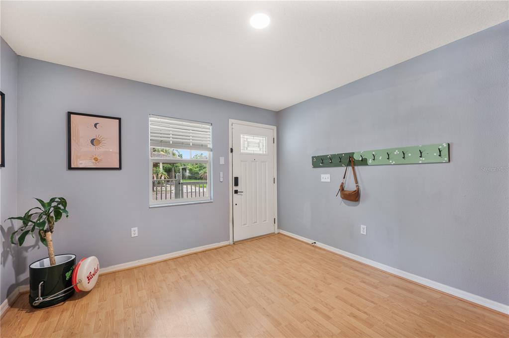 An entryway features light blue walls, wood-look flooring, a white front door, and a wall-mounted coat rack — 517 W PATTERSON STREET, LAKELAND, FL
