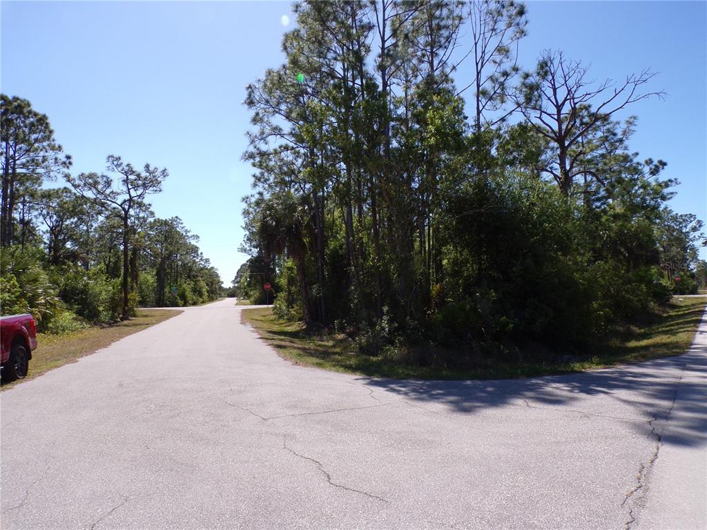 A paved road forks through a wooded area under a clear blue sky — 11383 10TH AVENUE, PUNTA GORDA, FL