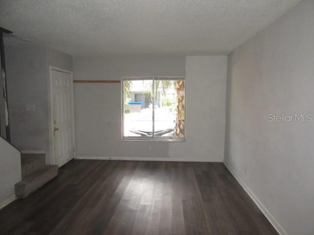 An empty room features gray walls, dark wood-look flooring, and a window facing outdoors — 13042 LONDONDARY PLACE, TAMPA, FL