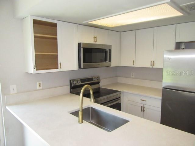 A kitchen features white cabinets, a stainless steel microwave, and a gold faucet — 13042 LONDONDARY PLACE, TAMPA, FL