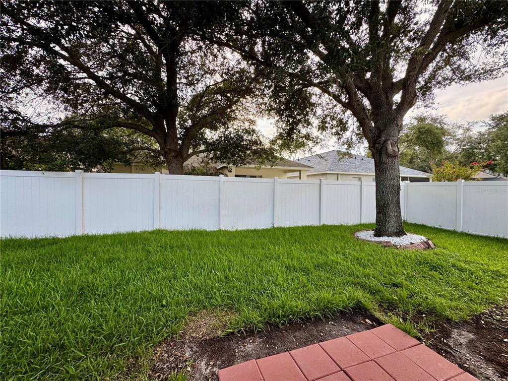 A backyard with a green lawn, a white vinyl fence, and two large trees — 13052 TERRACE SPRINGS DRIVE, TEMPLE TERRACE, FL
