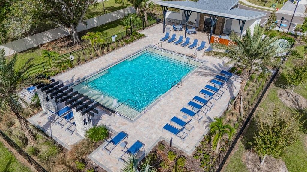 An aerial view of a rectangular swimming pool with lounge chairs and a covered patio — 3463 TIMBER CROSSING AVENUE, BRANDON, FL