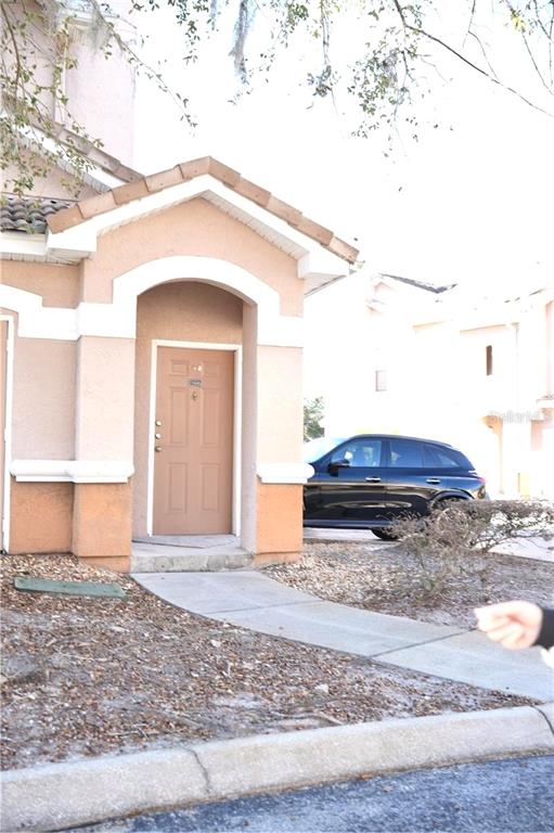 A tan stucco building features a covered entryway with a brown door and a sidewalk — 10446 VILLA VIEW CIRCLE, TAMPA, FL
