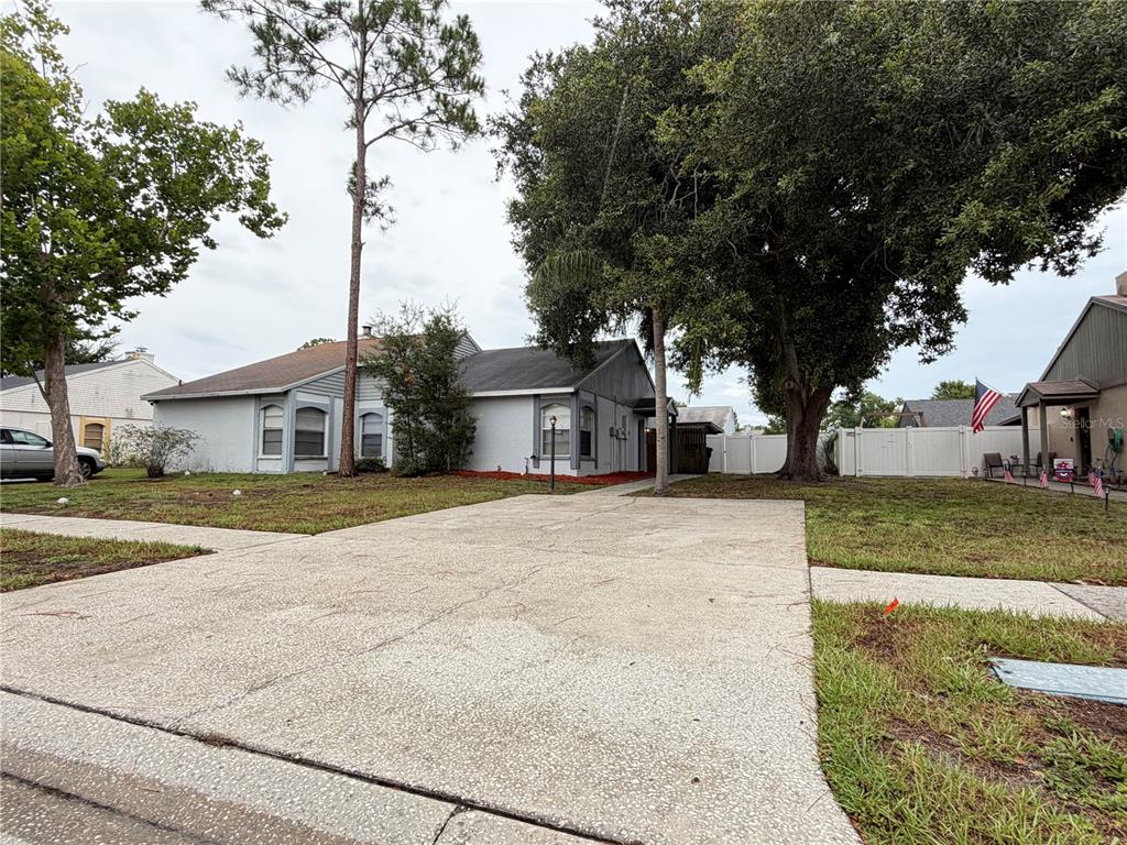 A single-story house with a concrete driveway, gray siding, and large trees in the yard — 7705 CITRONELLA COURT, TAMPA, FL