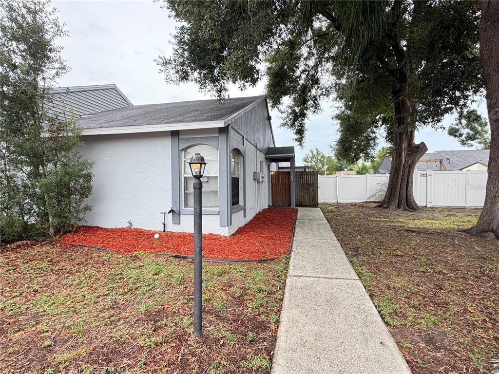 A concrete walkway leads to the side entrance of a gray house with red mulch — 7705 CITRONELLA COURT, TAMPA, FL