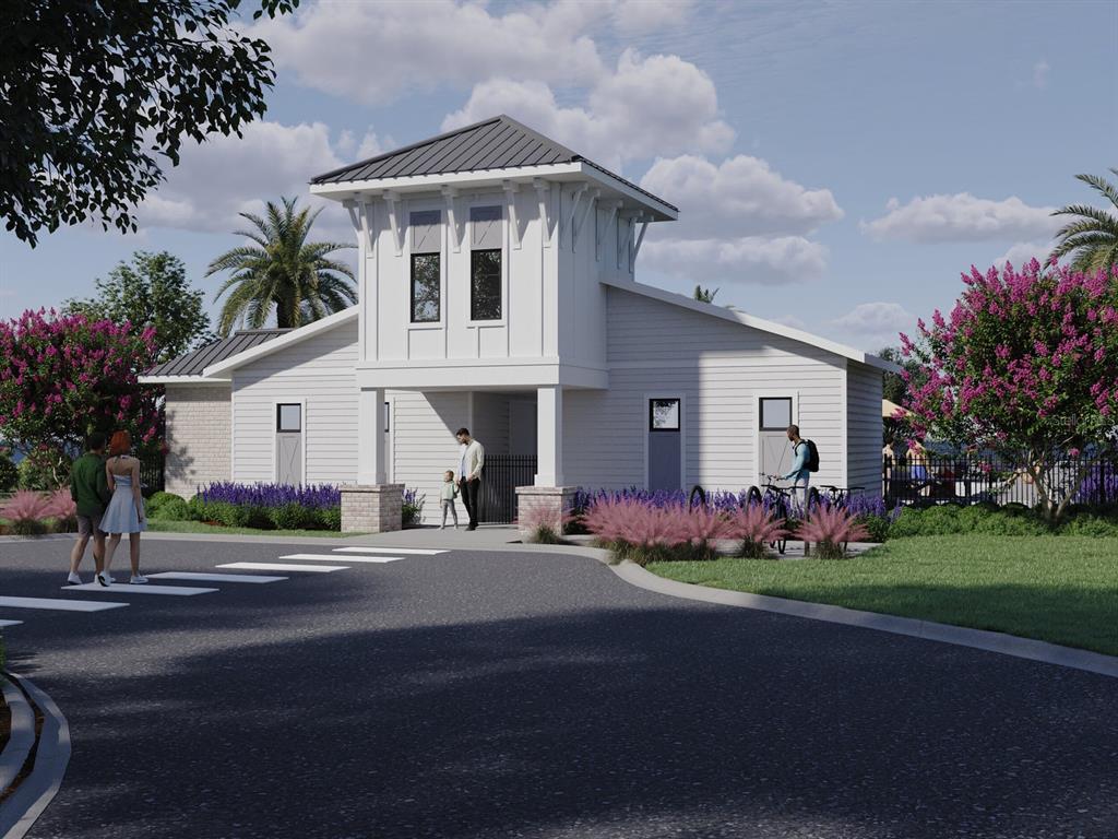 A digital rendering of a white, modern community building with a central tower and landscaping — 114 WANDERING CREEK WAY, PALM COAST, FL
